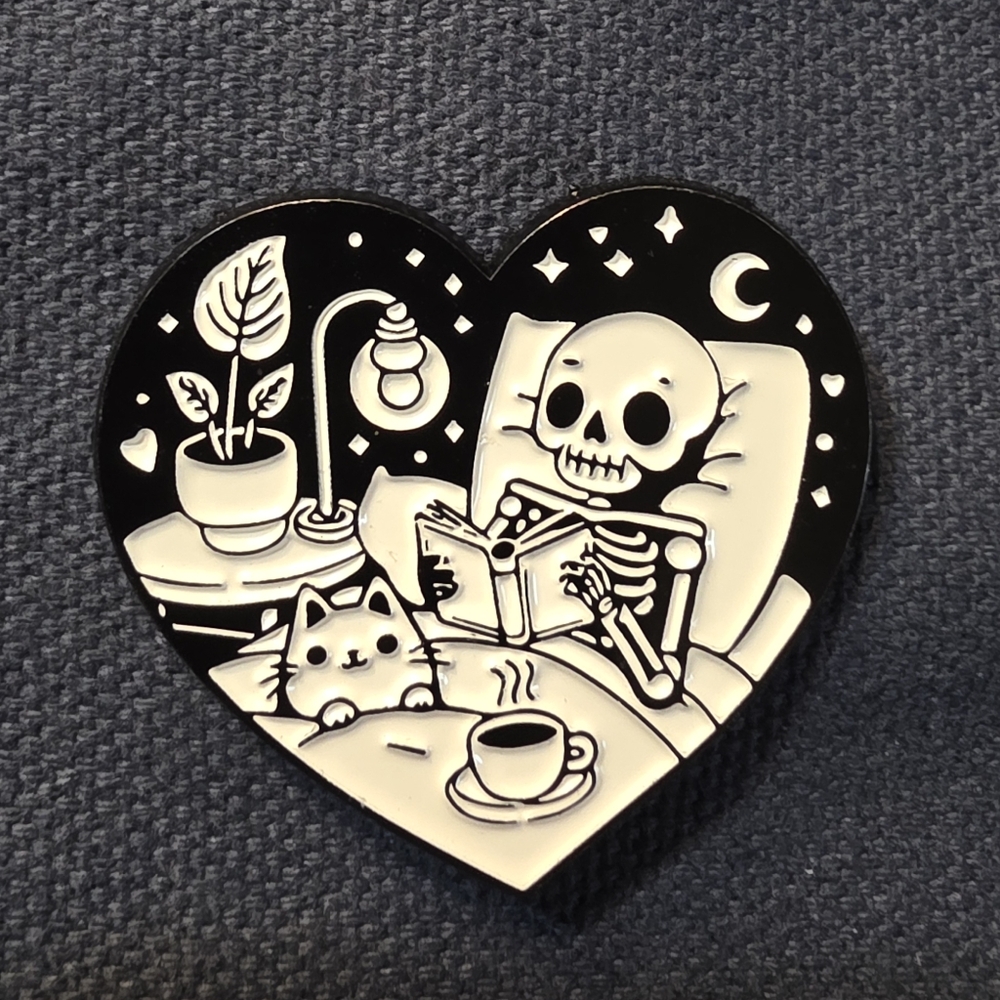Heart-Shaped Skeleton and Cat Enamel Pin